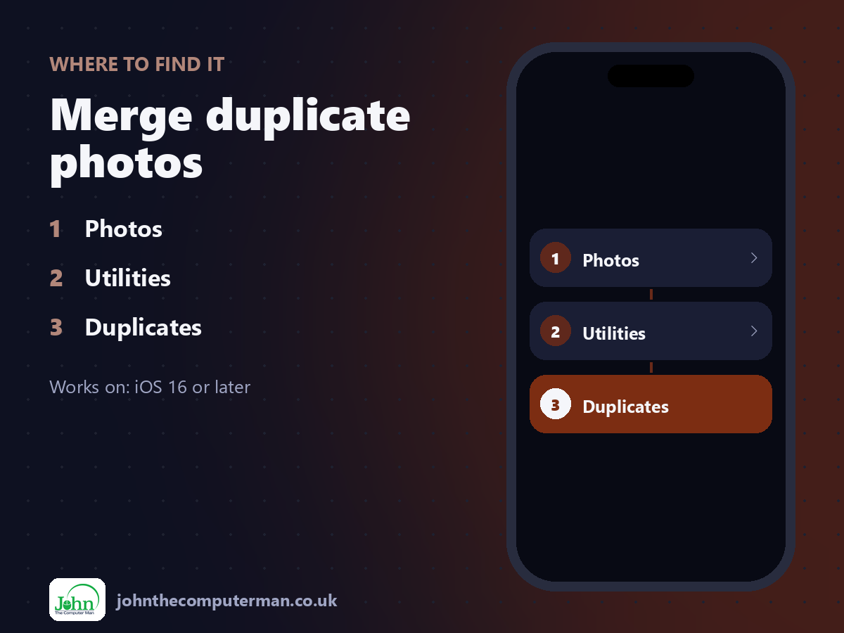 Where to find Merge duplicate photos on iPhone: Photos > Utilities > Duplicates