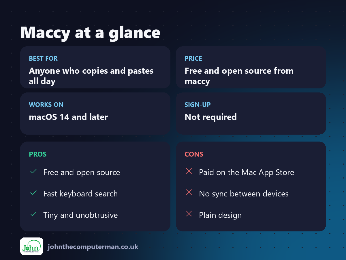 Maccy at a glance: best for, price, platforms, pros and cons