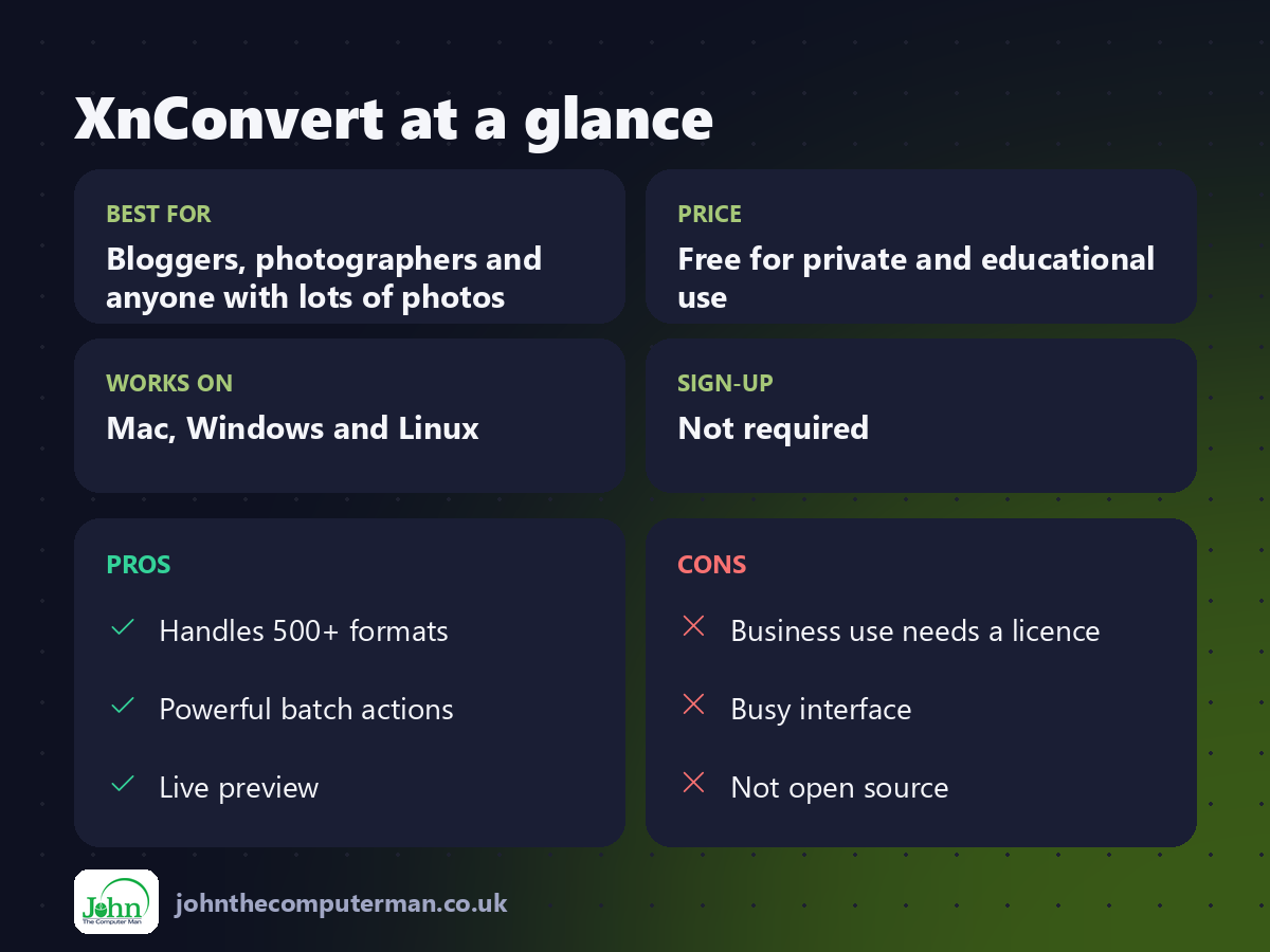 XnConvert at a glance: best for, price, platforms, pros and cons