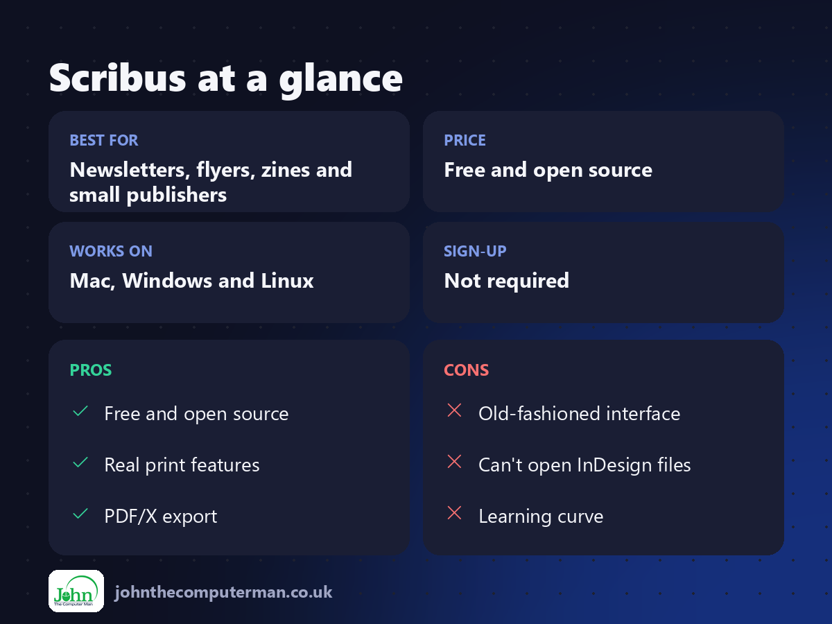 Scribus at a glance: best for, price, platforms, pros and cons