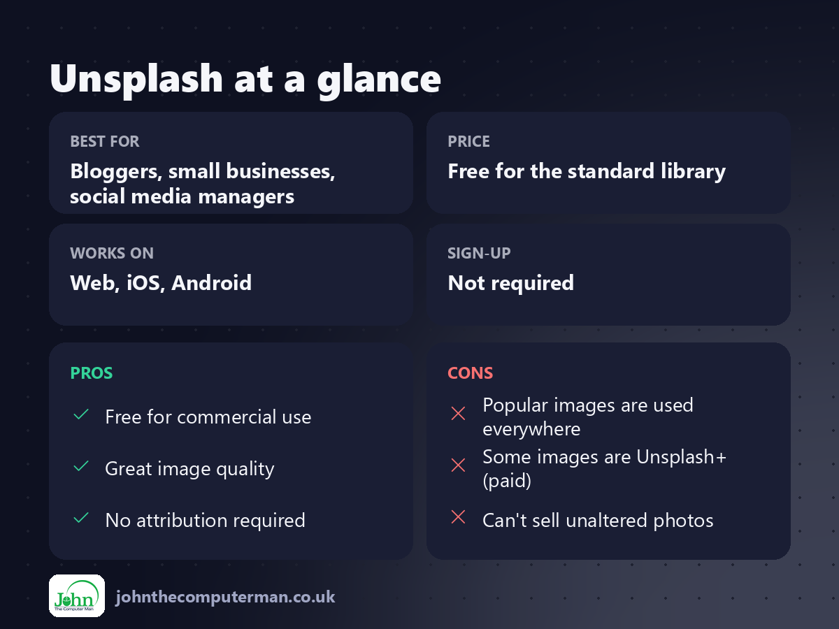 Unsplash at a glance: best for, price, platforms, pros and cons
