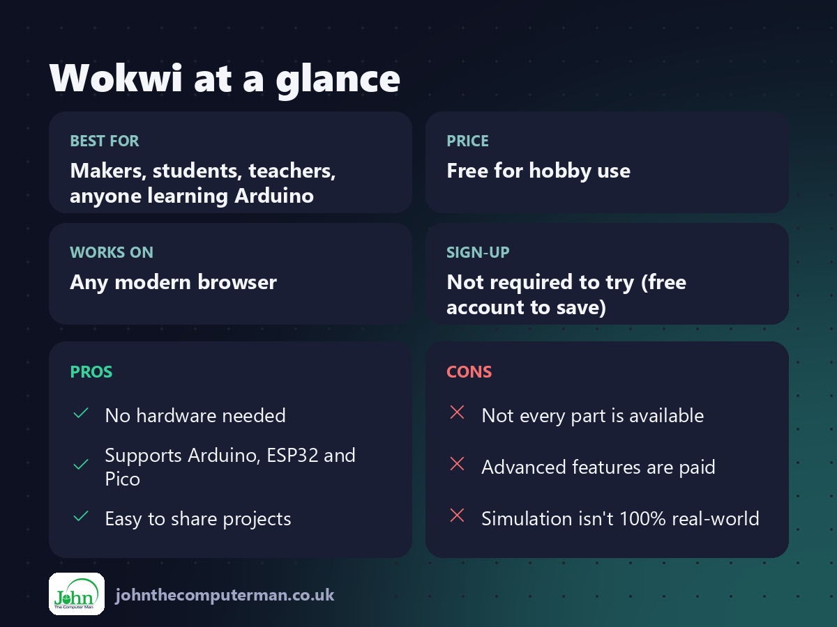 Wokwi at a glance: best for, price, platforms, pros and cons