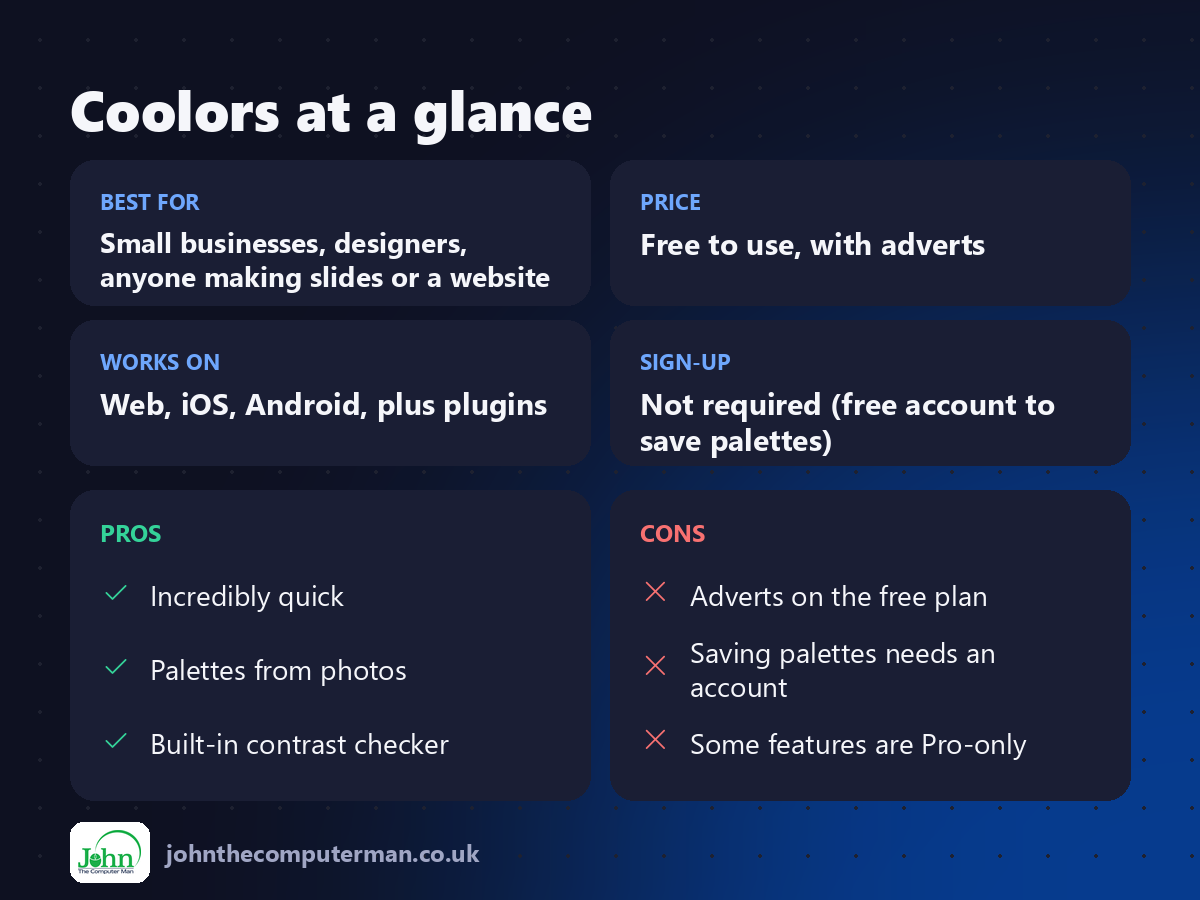 Coolors at a glance: best for, price, platforms, pros and cons
