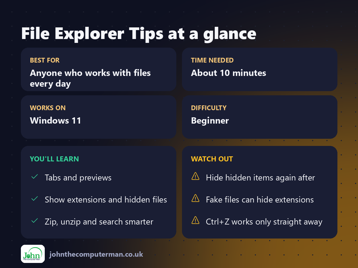 File Explorer Tips at a glance: best for, time needed, difficulty, what you'll learn and what to watch out for