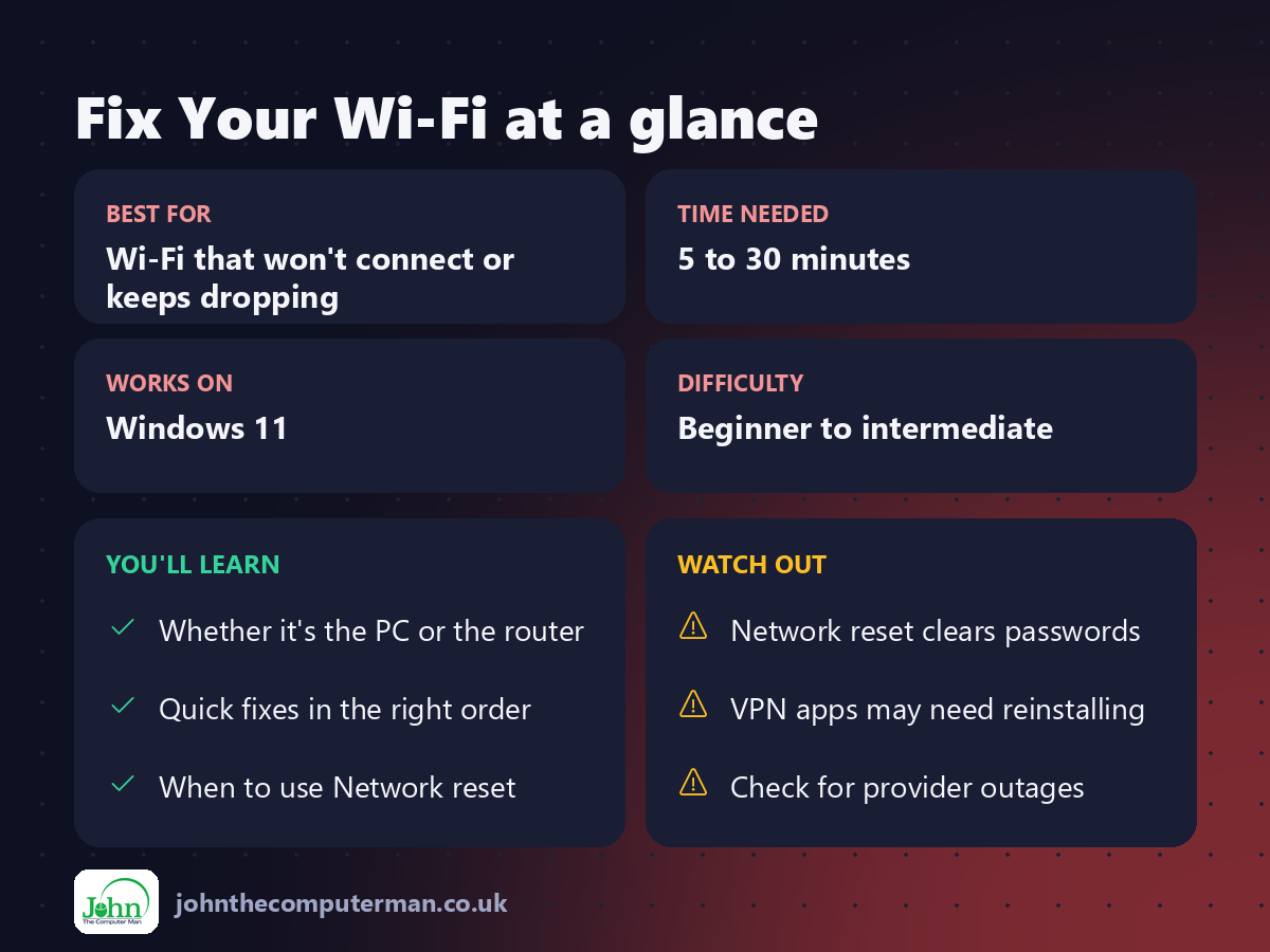 Fix Your Wi-Fi at a glance: best for, time needed, difficulty, what you'll learn and what to watch out for
