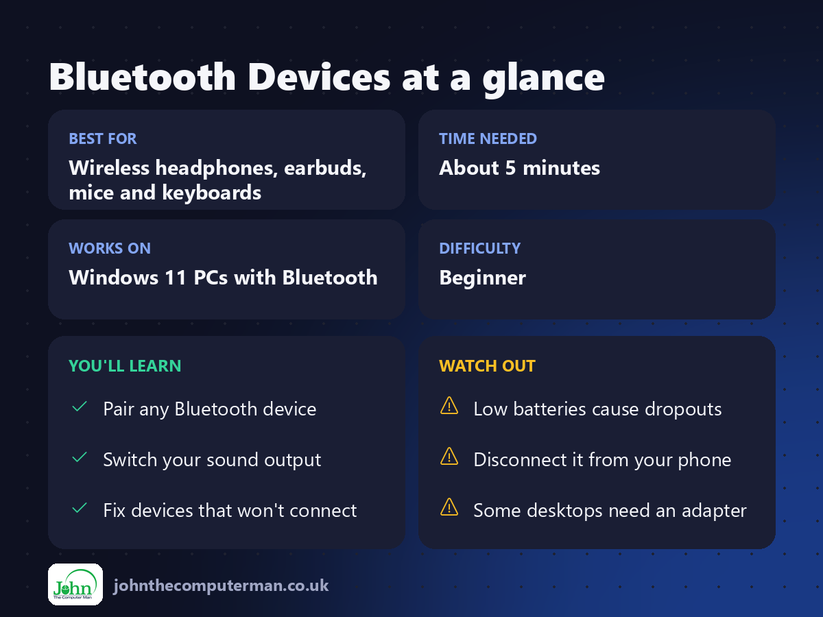 Bluetooth Devices at a glance: best for, time needed, difficulty, what you'll learn and what to watch out for