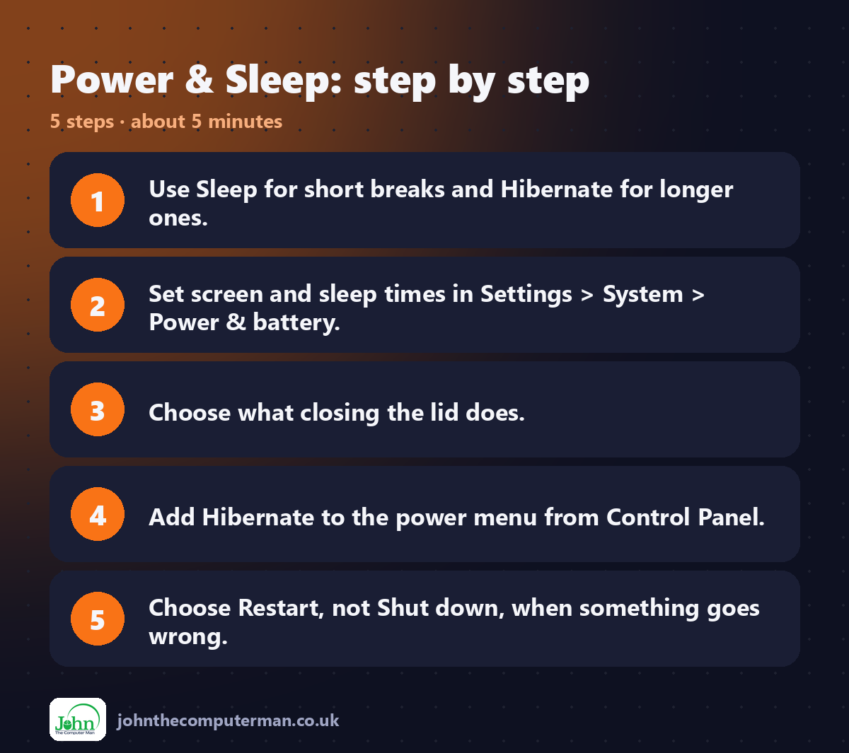 Power & Sleep step by step: 5 steps