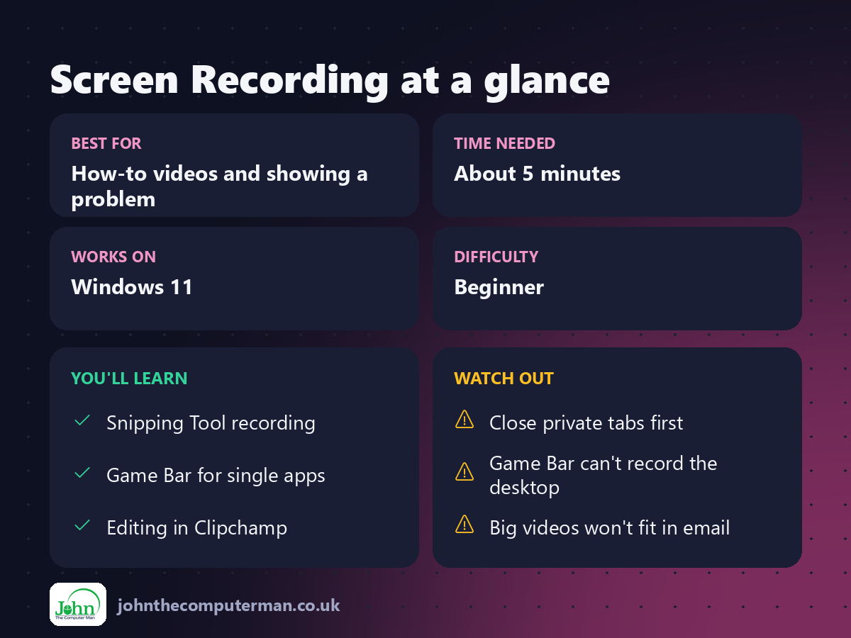 Screen Recording at a glance: best for, time needed, difficulty, what you'll learn and what to watch out for
