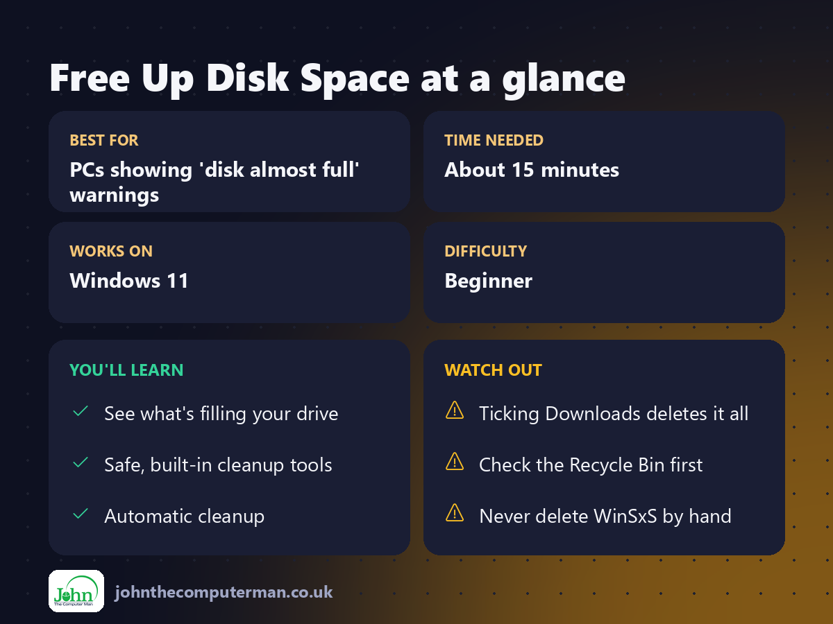 Free Up Disk Space at a glance: best for, time needed, difficulty, what you'll learn and what to watch out for