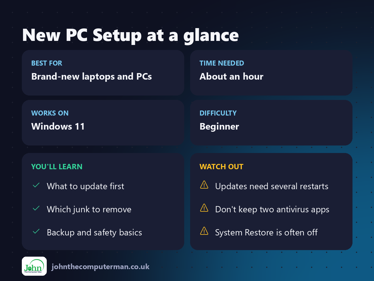 New PC Setup at a glance: best for, time needed, difficulty, what you'll learn and what to watch out for