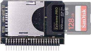 An Integrated Drive Electronics (IDE) connector for a SD card to allow the SD card to be accessed as if it were a hard drive on a computer with IDE drives.