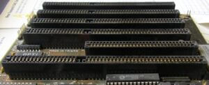 8-bit and 16-bit Industry Standard Architecture (ISA) connectors on an old motherboard