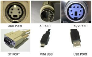 Apple Data Bus or ADB keyboard network connector, AT keyboard connector, PS/2 keyboard connector and XT keyboard connector with USB mini-A and A connectors.