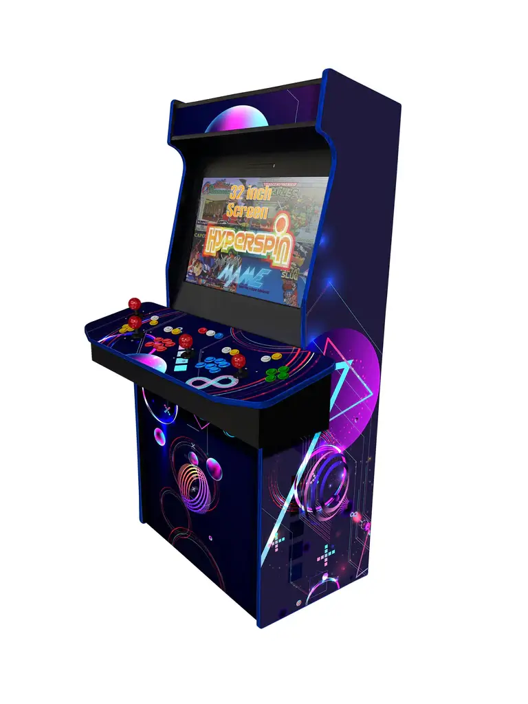 A full sized arcade games console enclosure showing a sample game