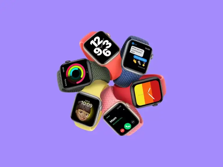 Apple Watches demonstrating different apps and watch bands