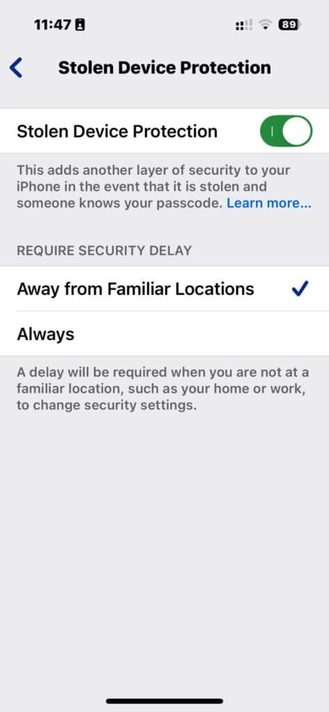 Stolen Device Protection settings