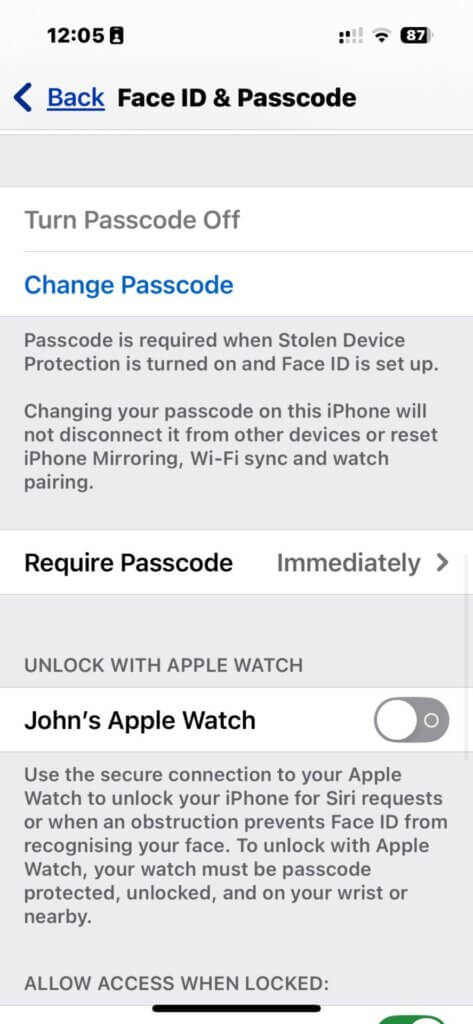 FaceID and Passcode Change Passcode option