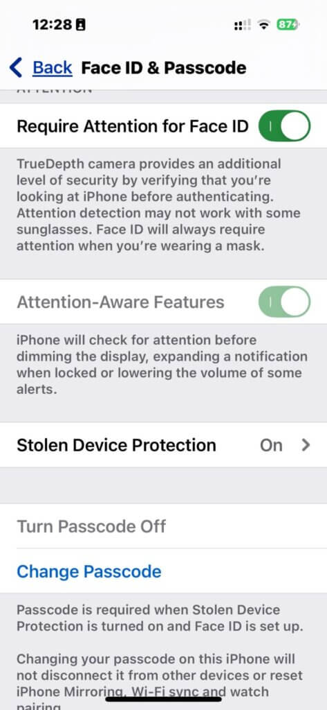 FaceID and Passcode Setting showing Stolen Device Protection