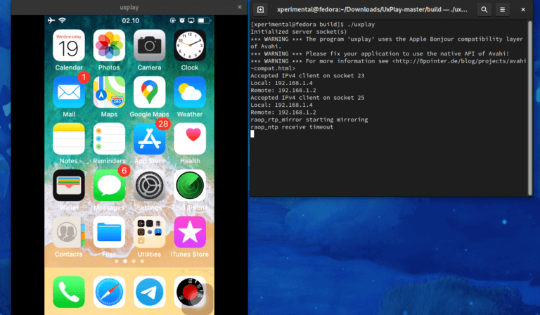 A Fedora Linux terminal showing uxplay as a second display for an iPhone
