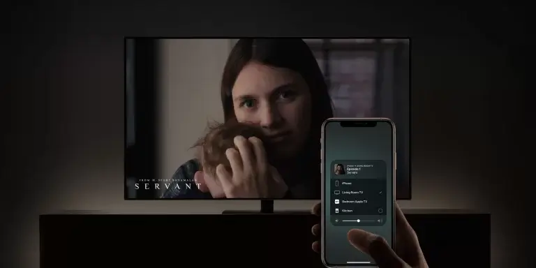 A demonstration of an iPhone sending a video to the living room TV using Apple TV and AirPlay
