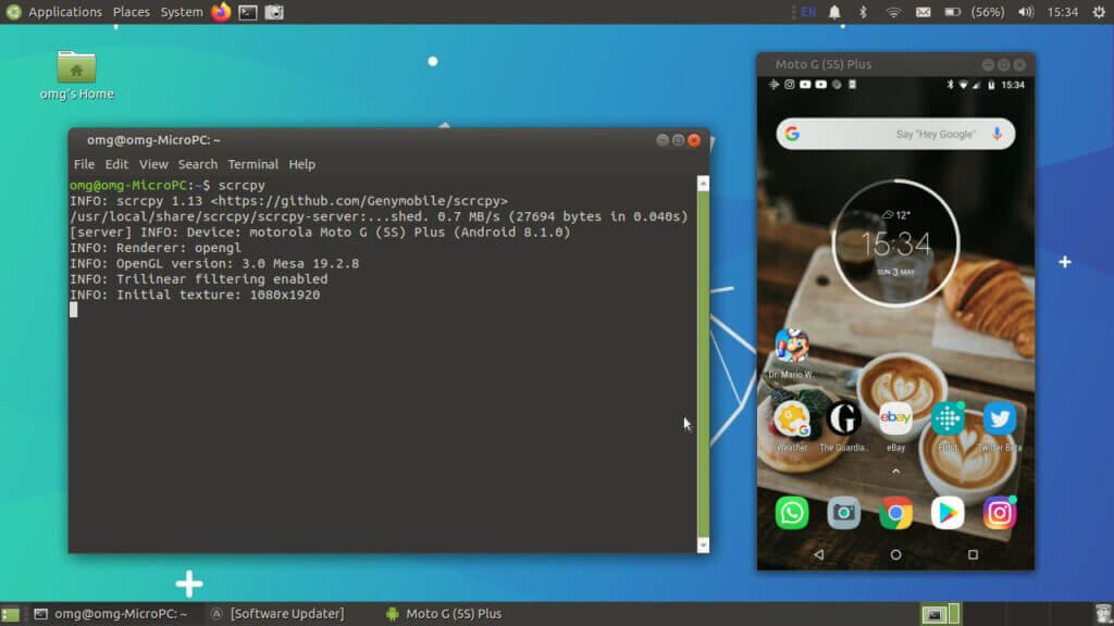 Linux Mint Android emulator Scrcpy showing an emulated Moto G(5S) Plus on a screen