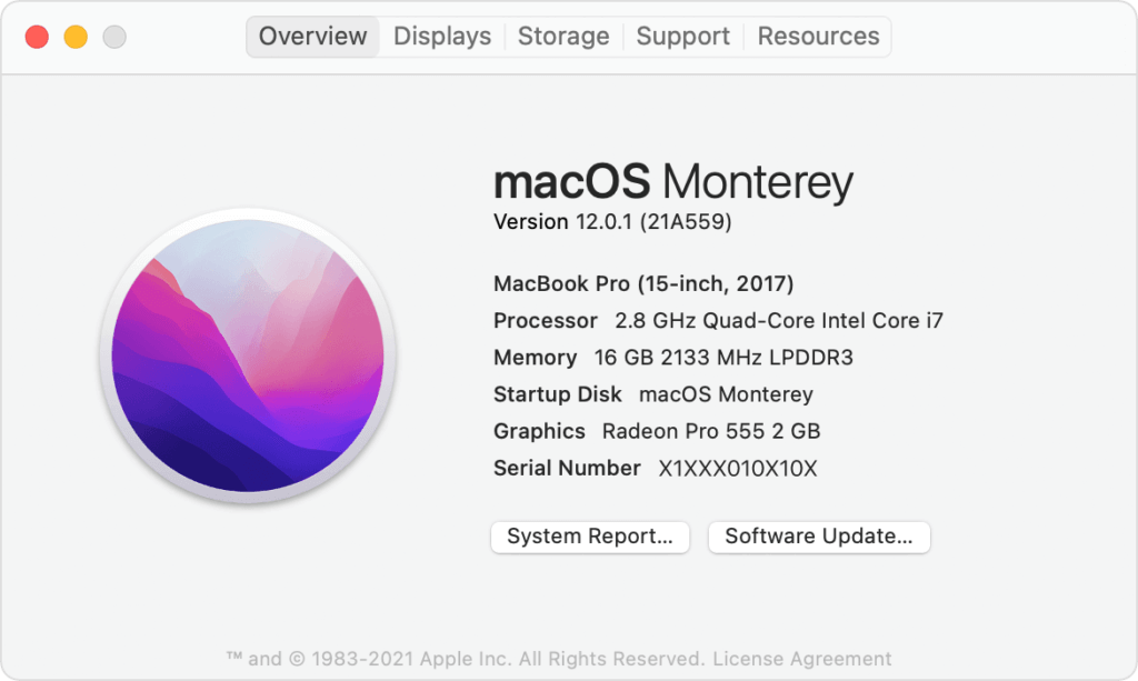 Apple About this Mac for macOS Monterey on a MacBook Pro 2017