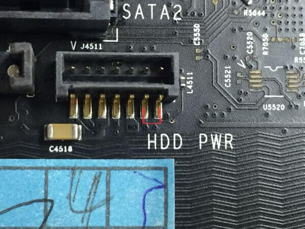 Image showing how to override the temperature sensor on an iMac when changing the hard drive to a non Apple model or SSD. The connector is J4511
