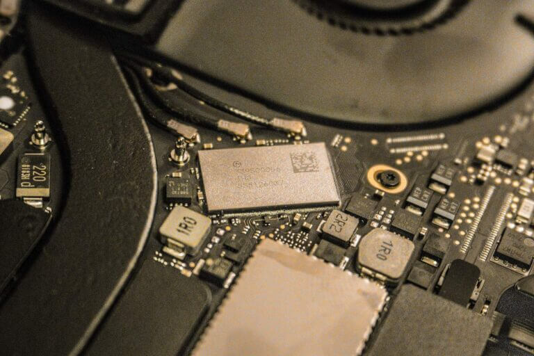 Image of a soldered on SSD inside a modern MacBook Pro