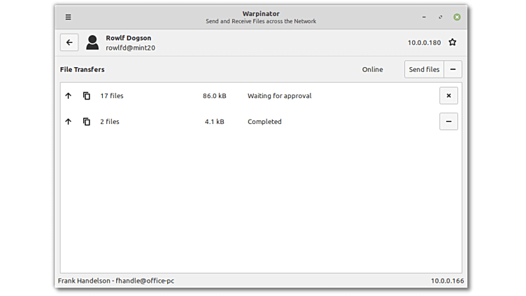 Warpinator - Linux Mint's program to copy files between computers easily over a network.