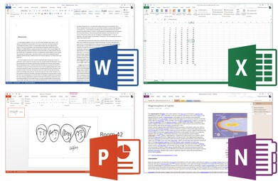 Microsoft Word, Excel, Powerpoint and OneNote images as part of the Home and Student copy of Microsoft Office