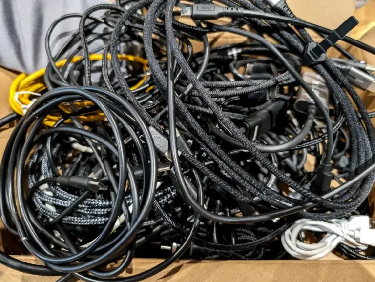 Assorted and tangled computer cables