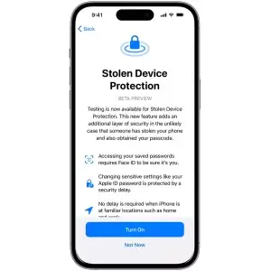 iPhone showing Stolen Device Protection screen to add an additional layer of security in the unlikely case that someone has stolen your phone and also obtained your passcode.
