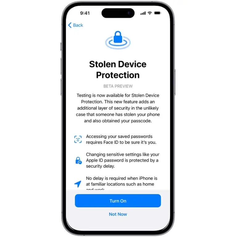 iPhone showing Stolen Device Protection screen to add an additional layer of security in the unlikely case that someone has stolen your phone and also obtained your passcode.