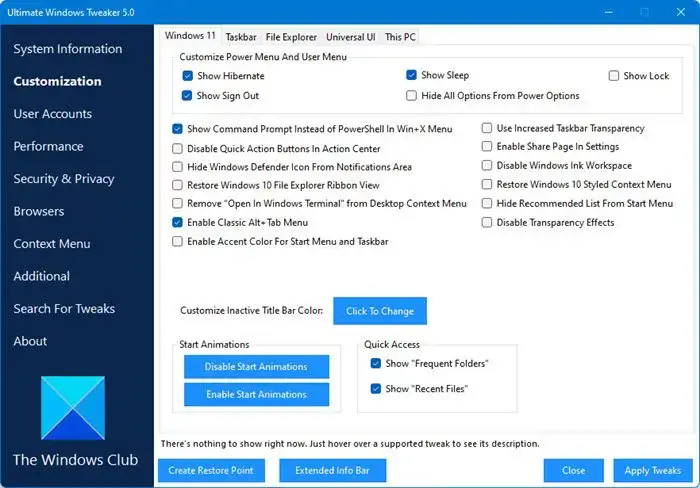TheWindowsClub's Ultimate Windows Tweaker enables you to tweak settings on your computer.