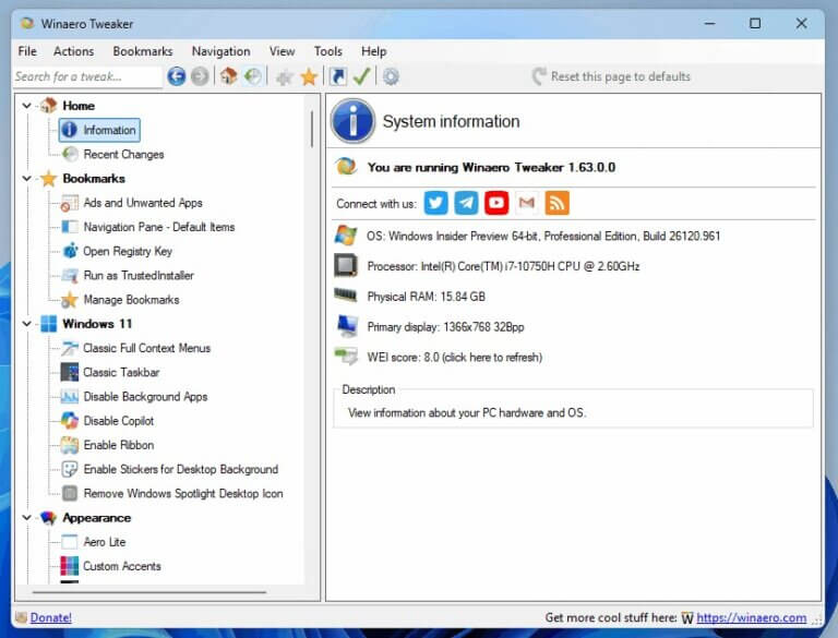 WinAero Tweaker - A utility to tweak the look and feel of Windows