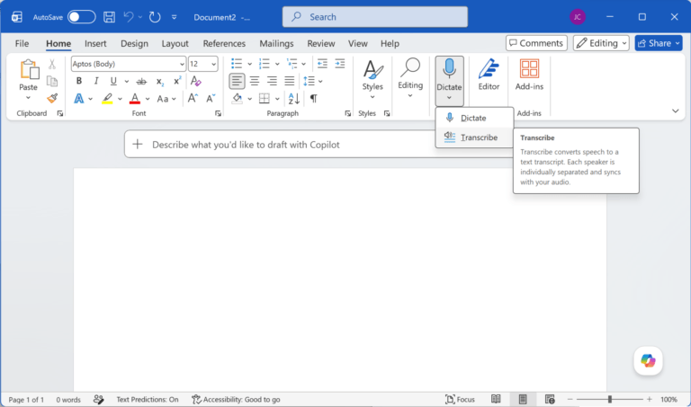 Using Word to transcribe text from audio