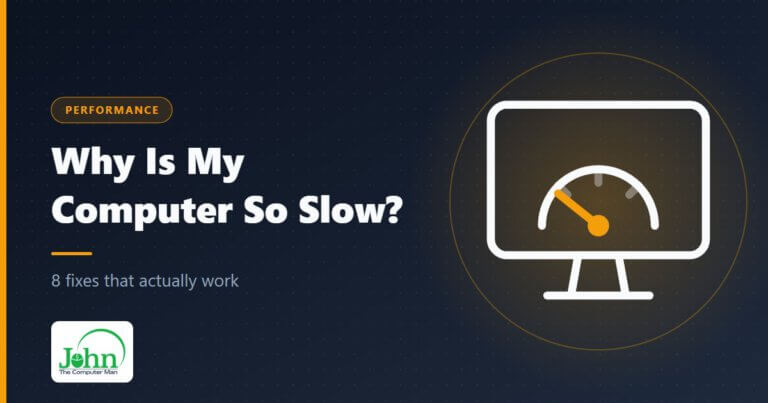 Illustration of a computer monitor showing a speedometer with the needle pointing to slow