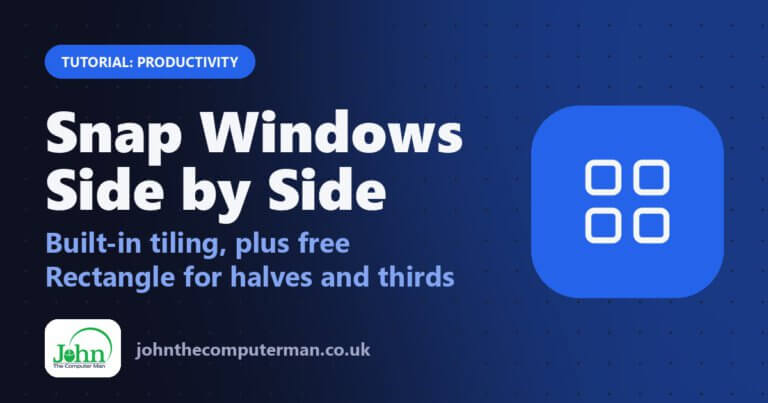 Snap Windows Side by Side: Built-in tiling, plus free Rectangle for halves and thirds