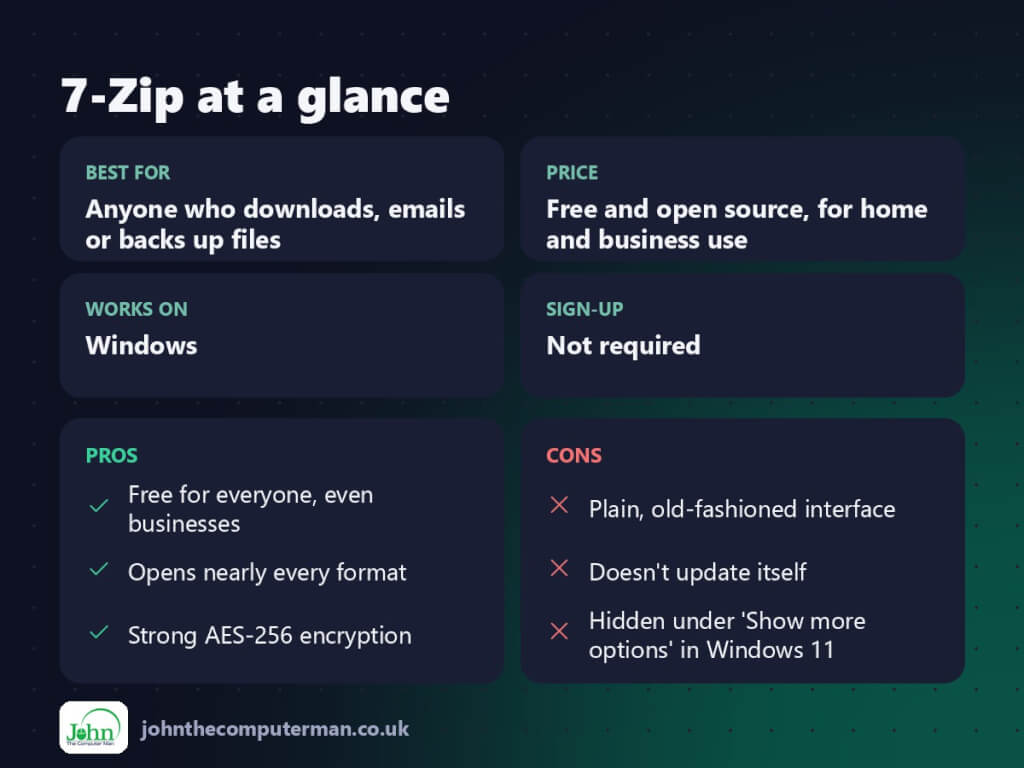 7-Zip at a glance: best for, price, platforms, pros and cons
