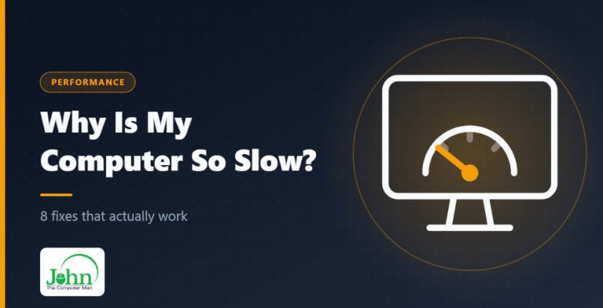 Illustration of a computer monitor showing a speedometer with the needle pointing to slow