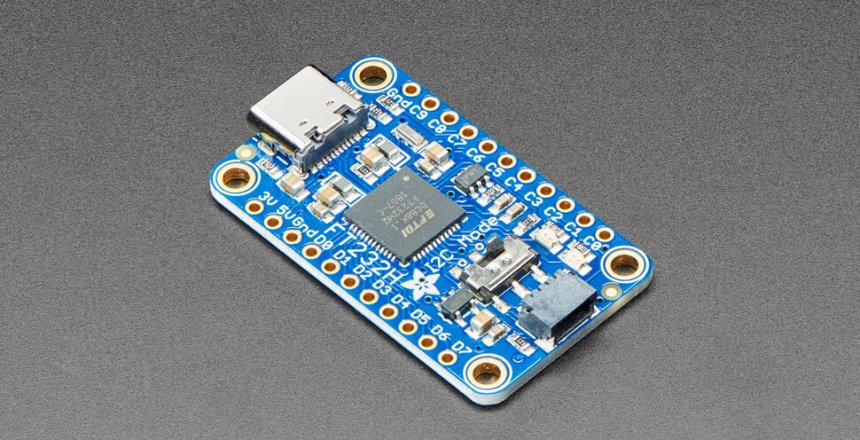 The FT232H board converts a USB port into GPIO or General Purpose Input Output to be used like a Raspberry Pi for hobbyists, also offering I2C and SPI serial interfaces.