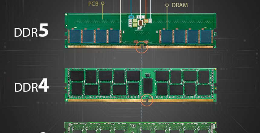 Comparison between DDR5 memory, DDR4 memory and DDR3 memory showing the different notch locations for a desktop computer.