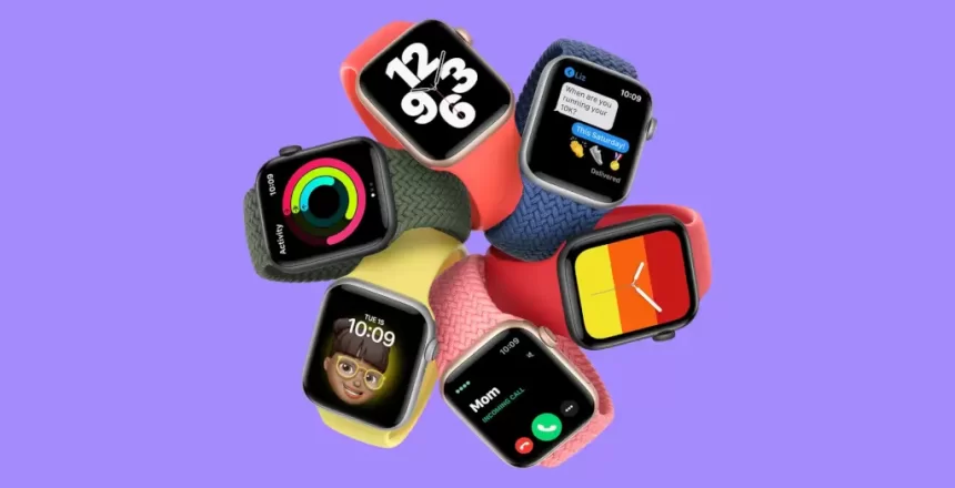 Apple Watches demonstrating different apps and watch bands