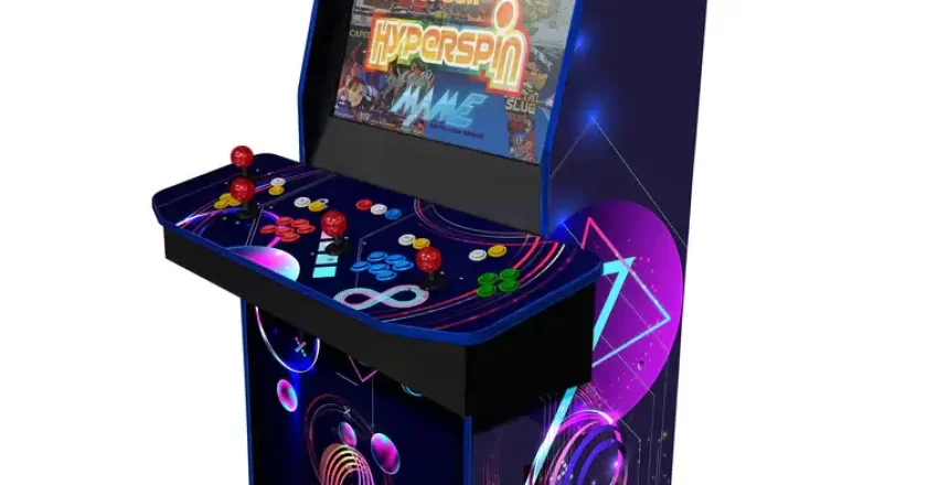 A full sized arcade games console enclosure showing a sample game
