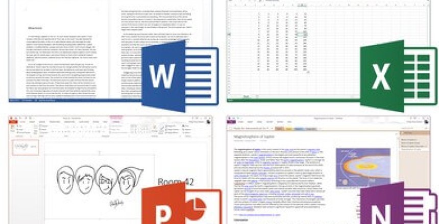 Microsoft Word, Excel, Powerpoint and OneNote images as part of the Home and Student copy of Microsoft Office