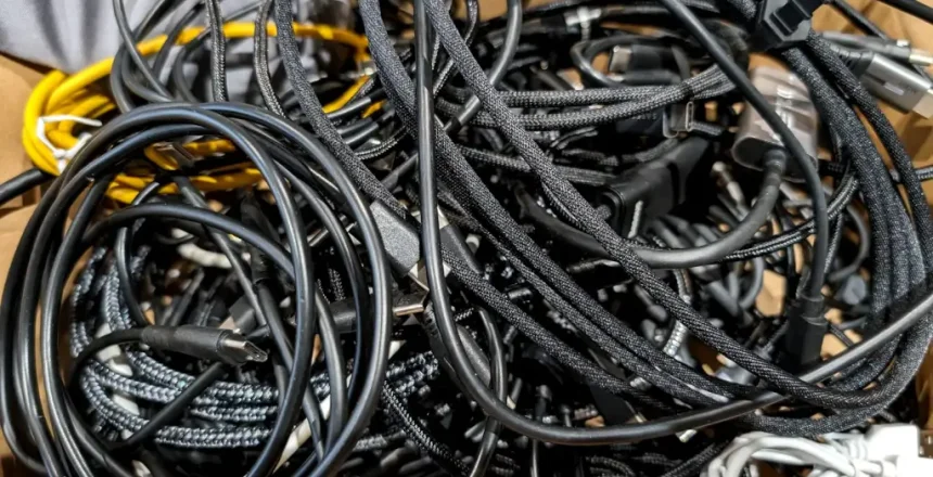 Assorted and tangled computer cables