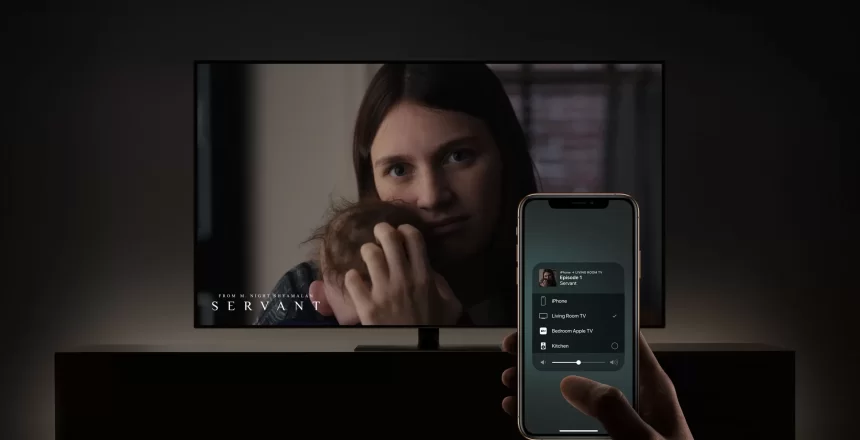 A demonstration of an iPhone sending a video to the living room TV using Apple TV and AirPlay