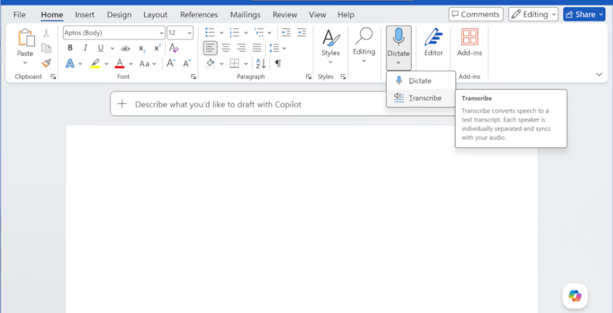 Using Word to transcribe text from audio