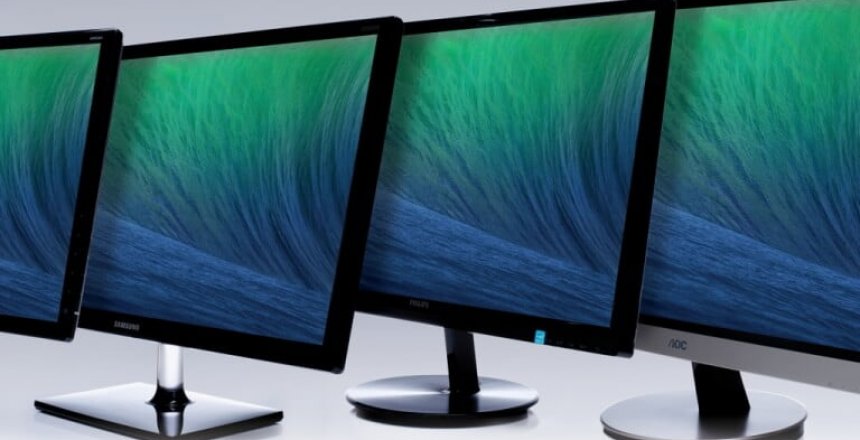 From left to right BenQ GW2265 22”, Samsung S24C570HS, Philips 244E5QHAD 24”,  AOC i2769VM and ViewSonic VX2770Sml-LED shot on a reflective surface with a light grey background